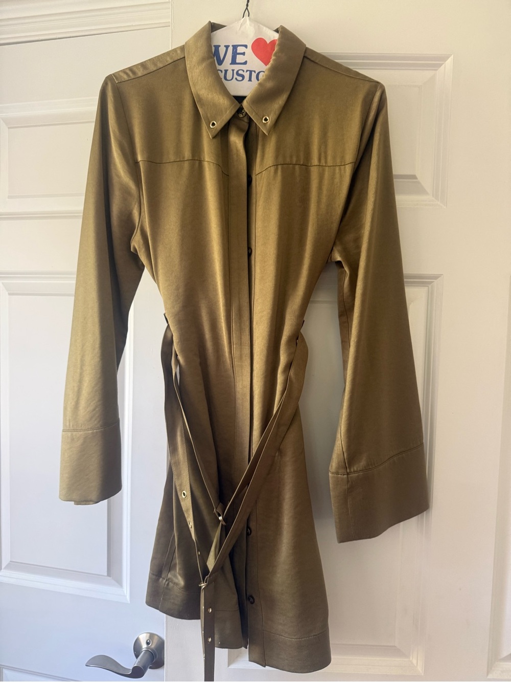 Olive Green Long-Sleeve double Belted Shirt Dress
